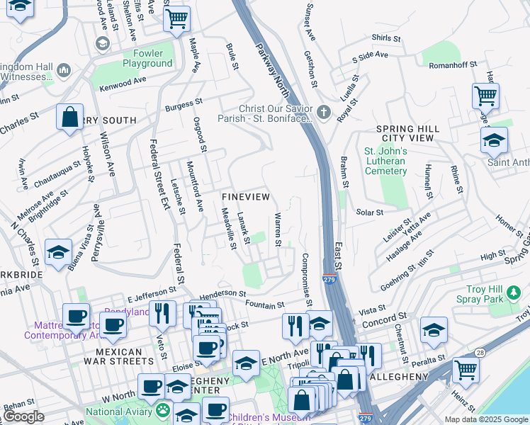 map of restaurants, bars, coffee shops, grocery stores, and more near 81 Edenvale Street in Pittsburgh