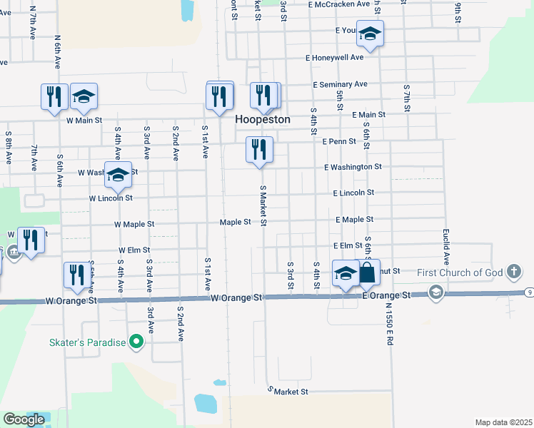 map of restaurants, bars, coffee shops, grocery stores, and more near 524 South Market Street in Hoopeston