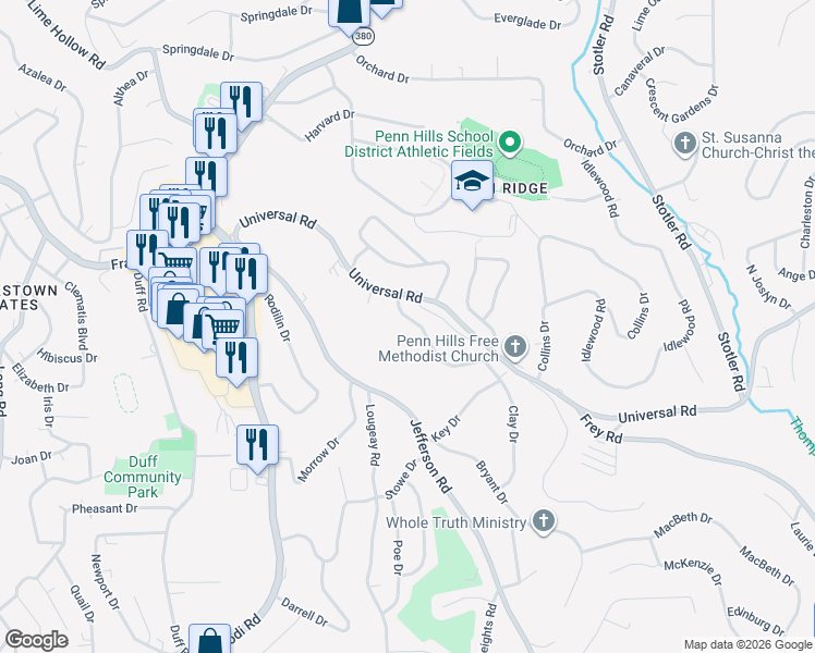 map of restaurants, bars, coffee shops, grocery stores, and more near 132 Webster Drive in Pittsburgh