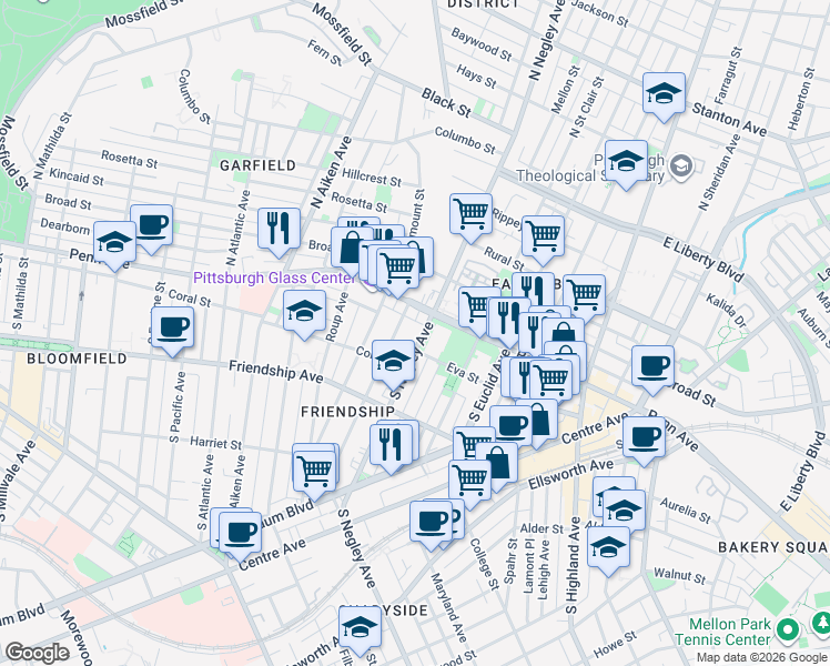 map of restaurants, bars, coffee shops, grocery stores, and more near 5523 Coral Street in Pittsburgh