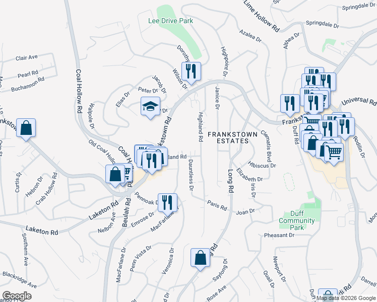 map of restaurants, bars, coffee shops, grocery stores, and more near 102 Dauntless Drive in Pittsburgh