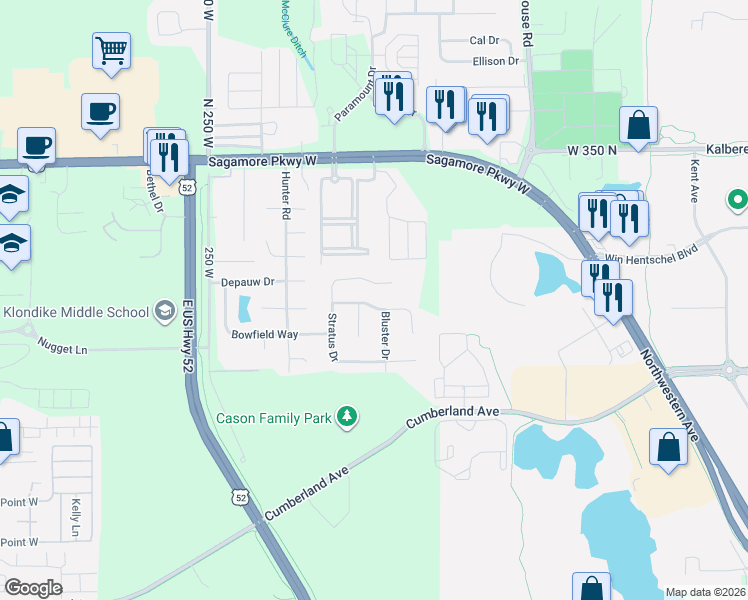 map of restaurants, bars, coffee shops, grocery stores, and more near 3149 Cirrus Court in West Lafayette