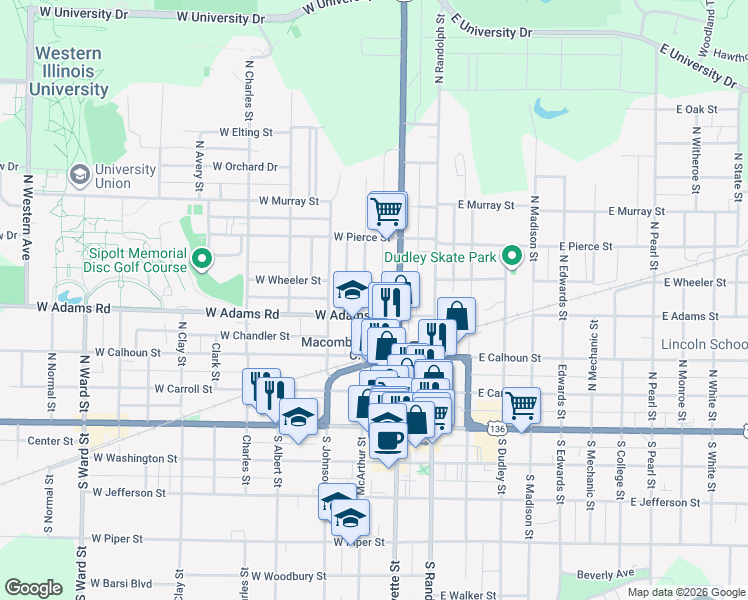 map of restaurants, bars, coffee shops, grocery stores, and more near 324 North Lafayette Street in Macomb