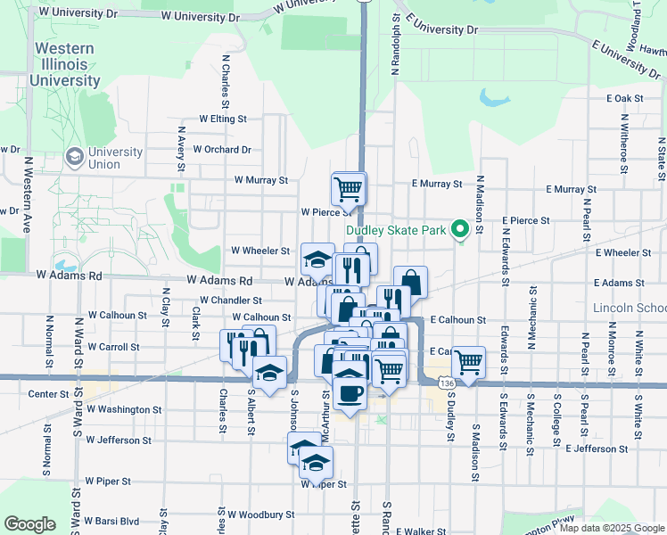 map of restaurants, bars, coffee shops, grocery stores, and more near 413 North McArthur Street in Macomb