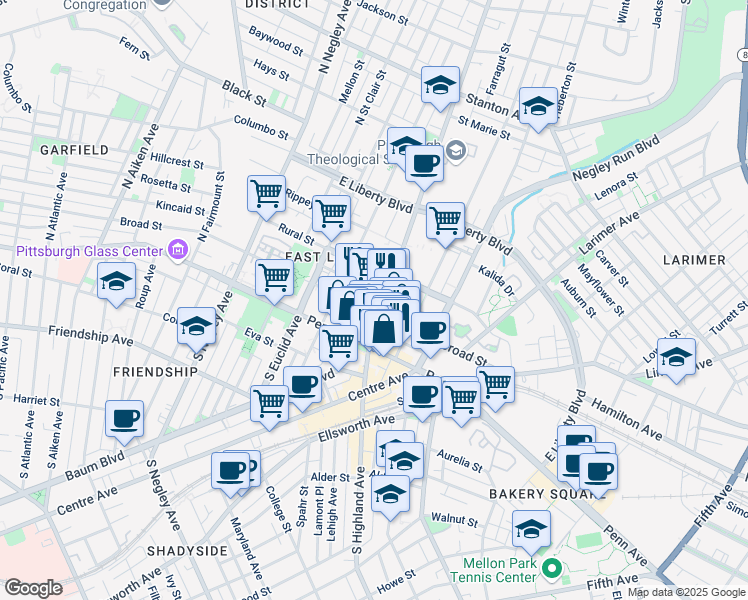 map of restaurants, bars, coffee shops, grocery stores, and more near 131 North Highland Avenue in Pittsburgh