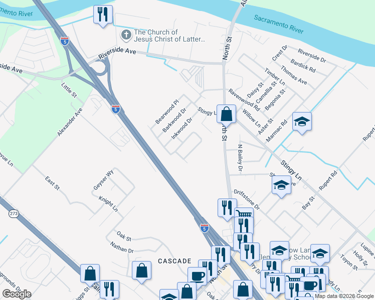 map of restaurants, bars, coffee shops, grocery stores, and more near 3356 Southwood Drive in Anderson