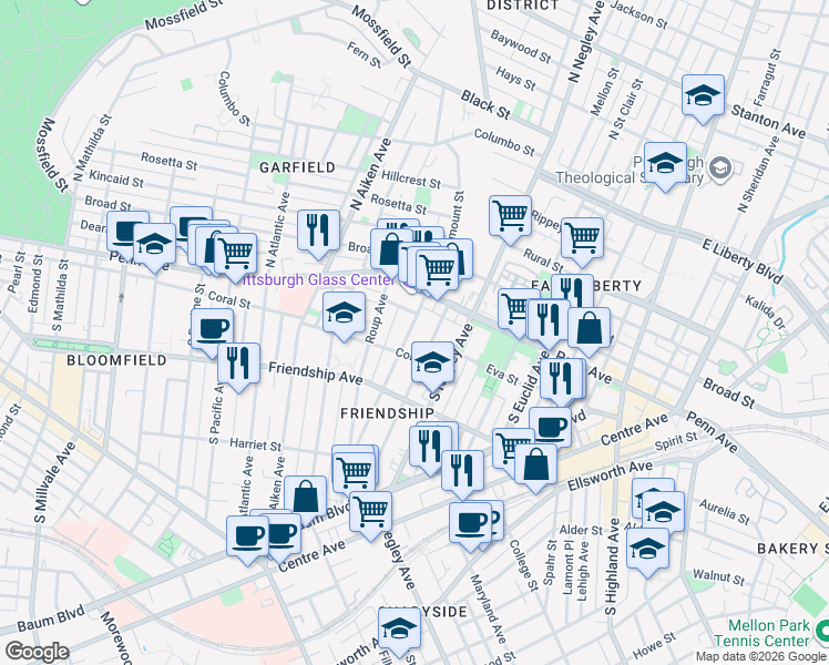 map of restaurants, bars, coffee shops, grocery stores, and more near 160 South Fairmount Street in Pittsburgh