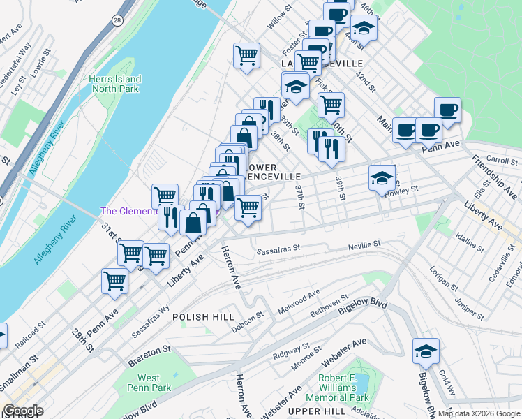 map of restaurants, bars, coffee shops, grocery stores, and more near 3500 Denny Street in Pittsburgh