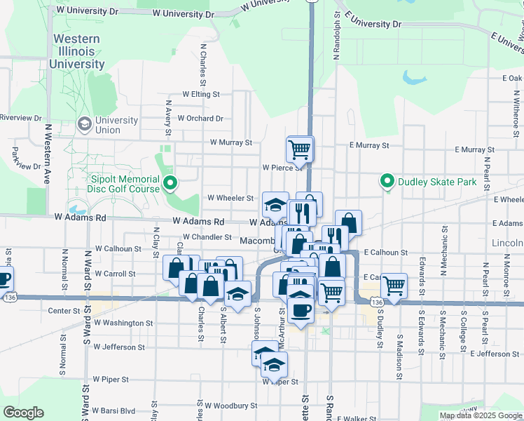 map of restaurants, bars, coffee shops, grocery stores, and more near 415 North Johnson Street in Macomb