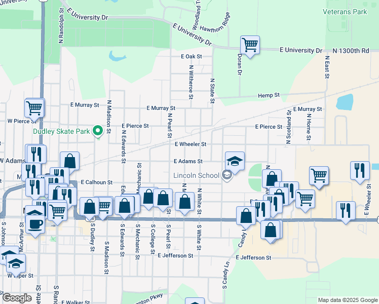 map of restaurants, bars, coffee shops, grocery stores, and more near 1000-1098 East Adams Street in Macomb