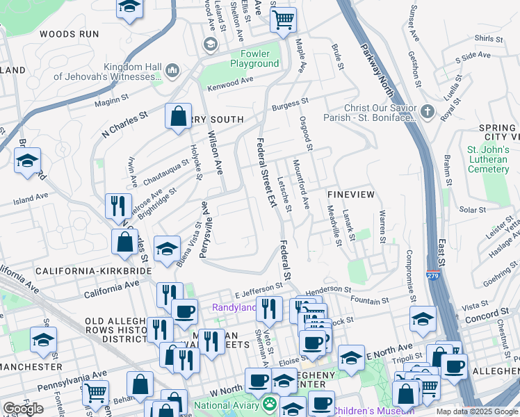 map of restaurants, bars, coffee shops, grocery stores, and more near 1922 Lithgow Avenue in Pittsburgh