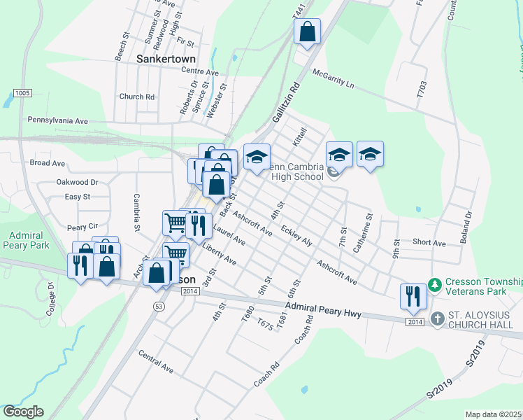 map of restaurants, bars, coffee shops, grocery stores, and more near 319 Ashcroft Avenue in Cresson
