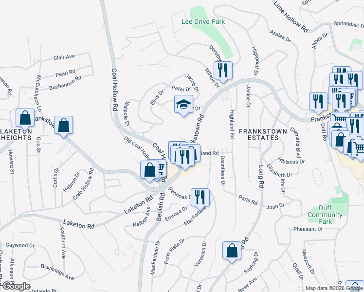 map of restaurants, bars, coffee shops, grocery stores, and more near in Penn Hills