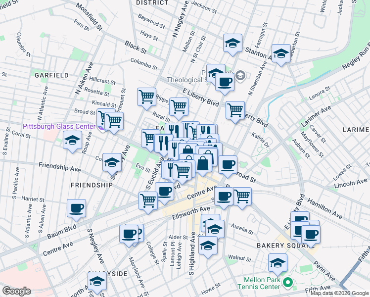 map of restaurants, bars, coffee shops, grocery stores, and more near 5910 Kirkwood Street in Pittsburgh