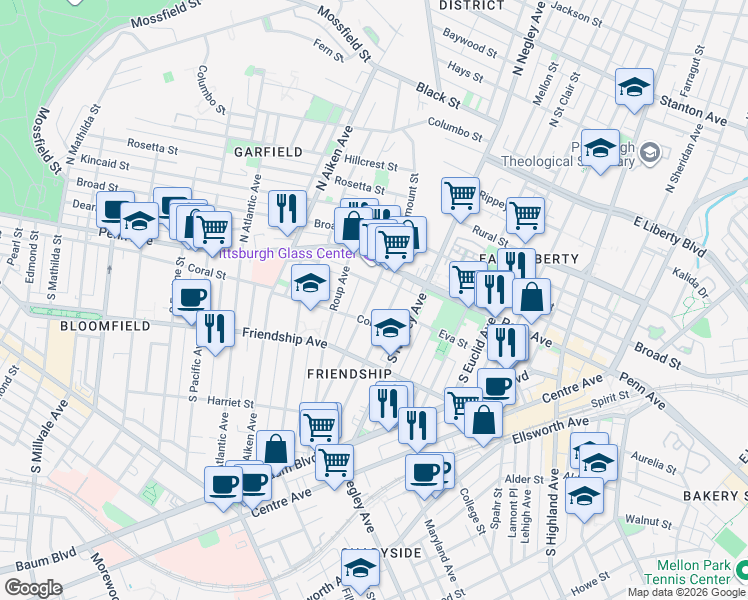 map of restaurants, bars, coffee shops, grocery stores, and more near 160 South Fairmount Street in Pittsburgh