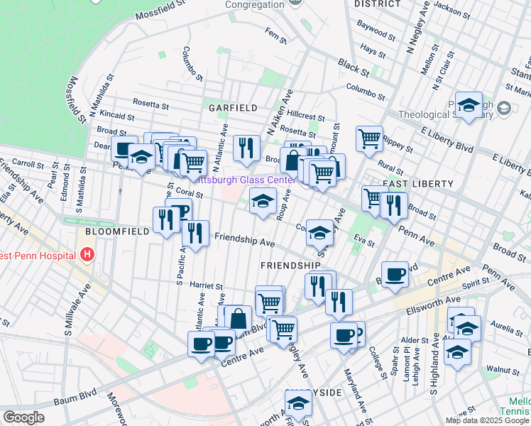 map of restaurants, bars, coffee shops, grocery stores, and more near 203 Roup Avenue in Pittsburgh