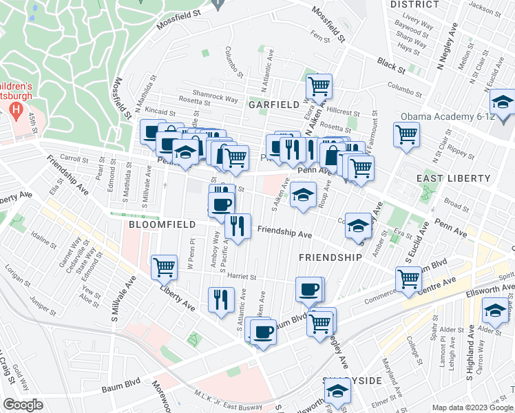 map of restaurants, bars, coffee shops, grocery stores, and more near 230 South Aiken Avenue in Pittsburgh