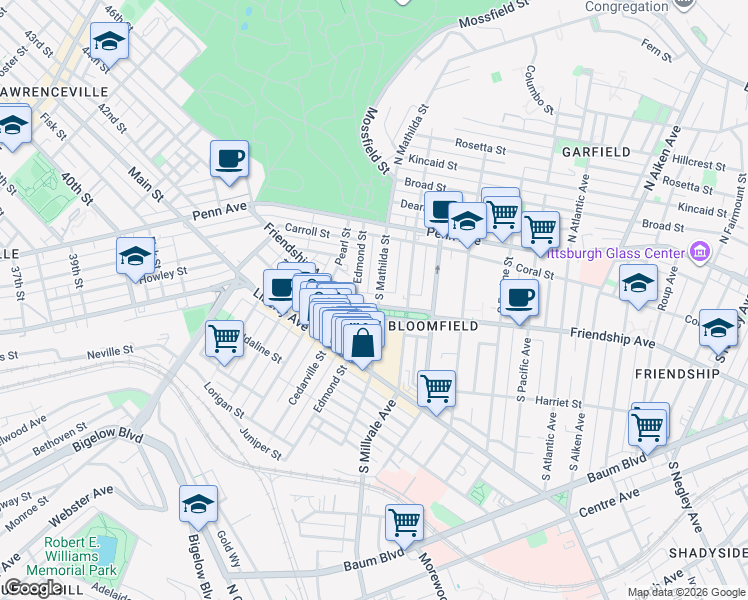 map of restaurants, bars, coffee shops, grocery stores, and more near 4746 Friendship Avenue in Pittsburgh