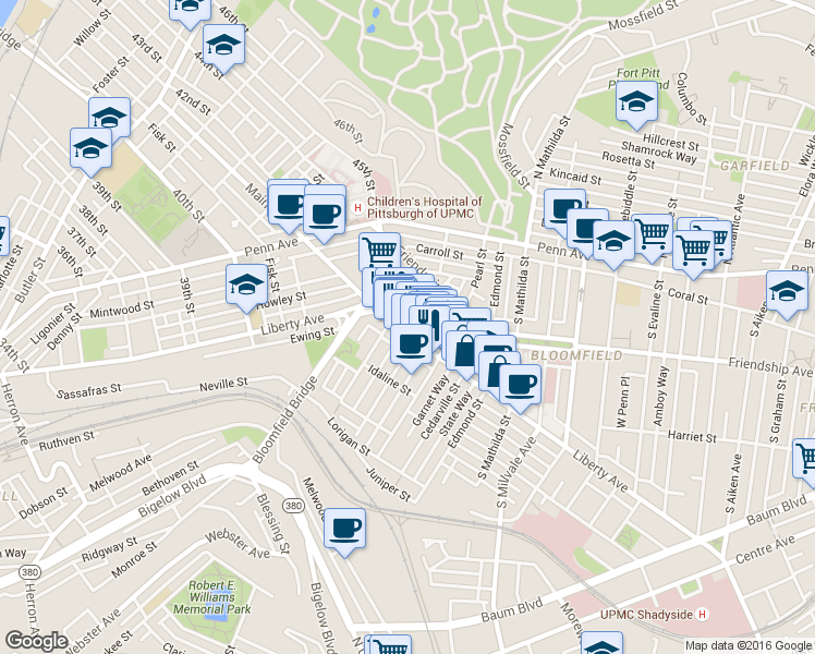 map of restaurants, bars, coffee shops, grocery stores, and more near 4518 Liberty Avenue in Pittsburgh
