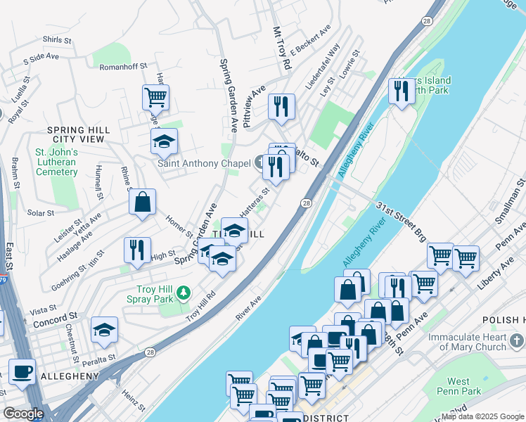 map of restaurants, bars, coffee shops, grocery stores, and more near 1603 Lowrie Street in Pittsburgh