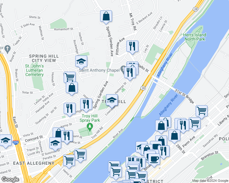 map of restaurants, bars, coffee shops, grocery stores, and more near in Pittsburgh