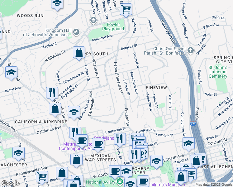 map of restaurants, bars, coffee shops, grocery stores, and more near 1922 Lithgow Avenue in Pittsburgh
