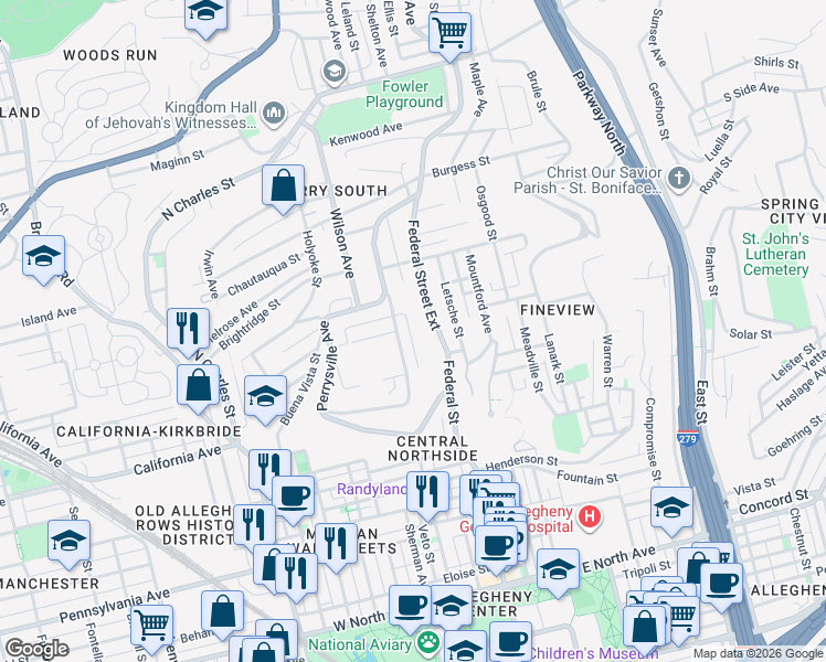 map of restaurants, bars, coffee shops, grocery stores, and more near 1922 Lithgow Avenue in Pittsburgh