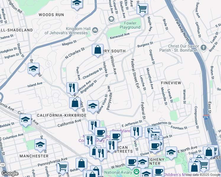 map of restaurants, bars, coffee shops, grocery stores, and more near 302 Langley Street in Pittsburgh
