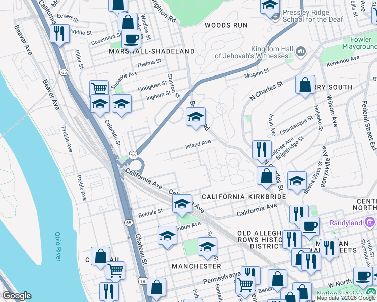 map of restaurants, bars, coffee shops, grocery stores, and more near 1126 Colfax Street in Pittsburgh