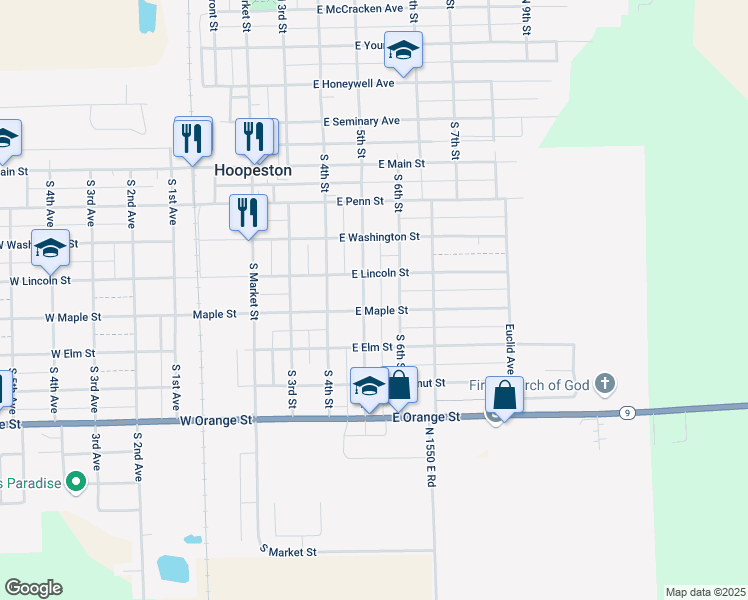 map of restaurants, bars, coffee shops, grocery stores, and more near 601-699 East Maple Street in Hoopeston