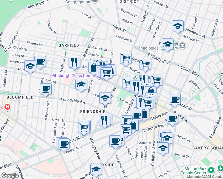 map of restaurants, bars, coffee shops, grocery stores, and more near 118 South Negley Avenue in Pittsburgh