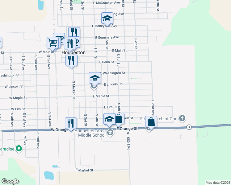 map of restaurants, bars, coffee shops, grocery stores, and more near 601-699 East Maple Street in Hoopeston