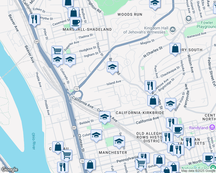 map of restaurants, bars, coffee shops, grocery stores, and more near 1126 Colfax Street in Pittsburgh