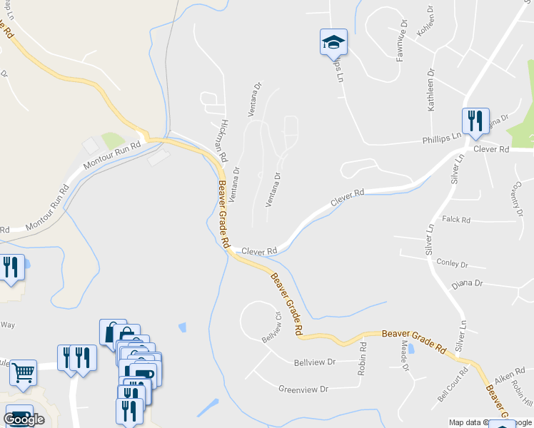map of restaurants, bars, coffee shops, grocery stores, and more near 2426 Ventana Drive in Coraopolis