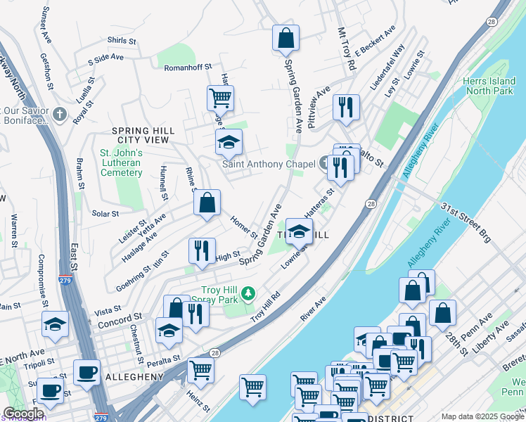 map of restaurants, bars, coffee shops, grocery stores, and more near 1418 High Street in Pittsburgh