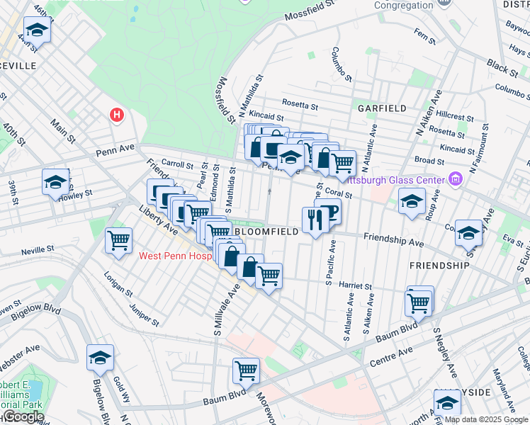 map of restaurants, bars, coffee shops, grocery stores, and more near in Pittsburgh