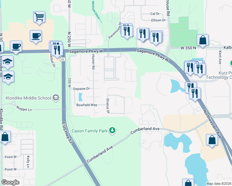 map of restaurants, bars, coffee shops, grocery stores, and more near 3149 Cirrus Court in West Lafayette