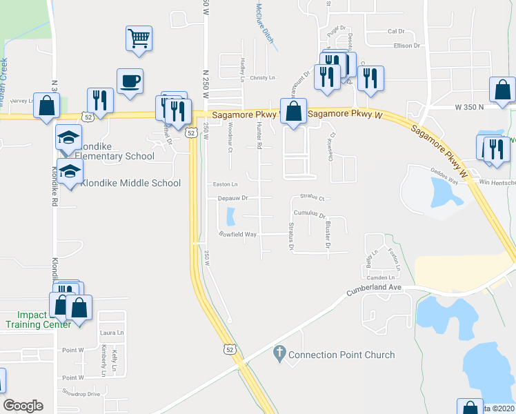 map of restaurants, bars, coffee shops, grocery stores, and more near 2319 Temple Court East in West Lafayette