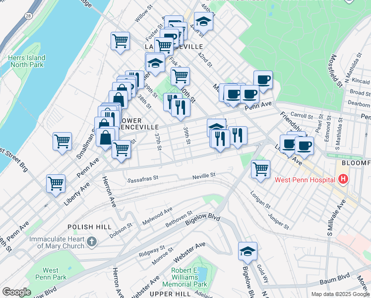 map of restaurants, bars, coffee shops, grocery stores, and more near 3826 Howley Street in Pittsburgh