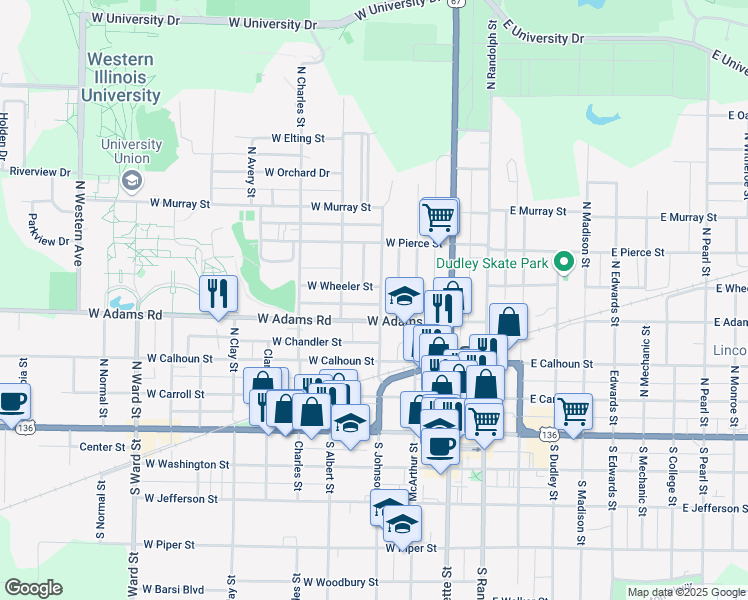 map of restaurants, bars, coffee shops, grocery stores, and more near 418 North Johnson Street in Macomb