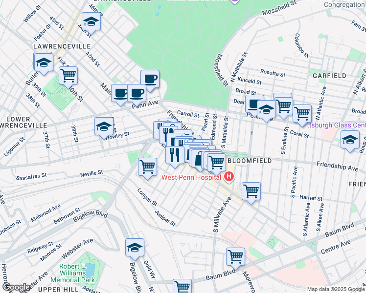 map of restaurants, bars, coffee shops, grocery stores, and more near 4623 Liberty Avenue in Pittsburgh