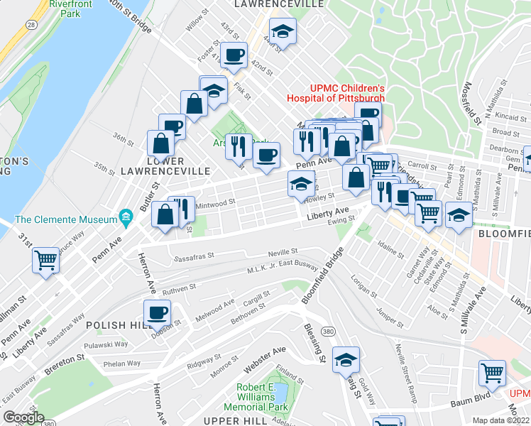 map of restaurants, bars, coffee shops, grocery stores, and more near 3909 Liberty Avenue in Pittsburgh