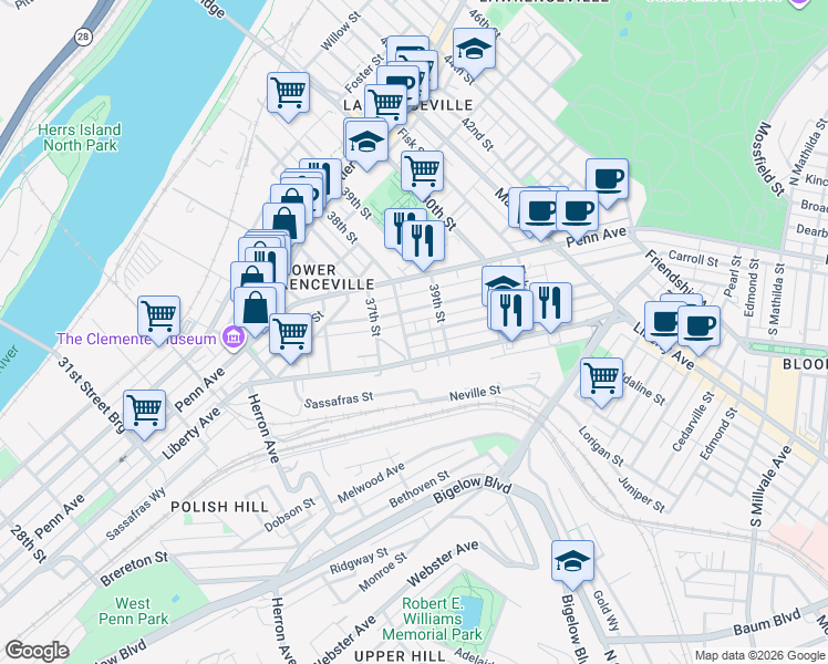 map of restaurants, bars, coffee shops, grocery stores, and more near 3809 Liberty Avenue in Pittsburgh