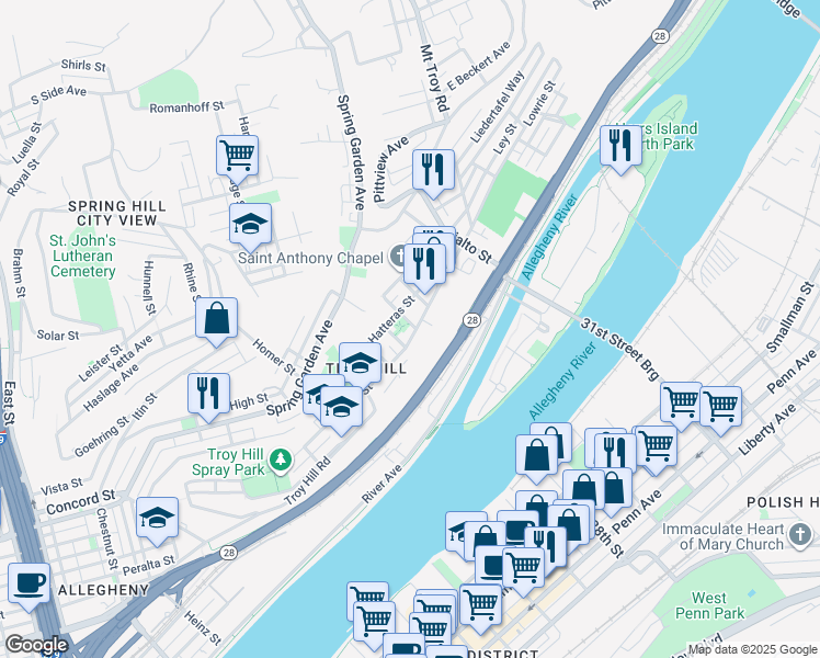 map of restaurants, bars, coffee shops, grocery stores, and more near 1603 Lowrie Street in Pittsburgh
