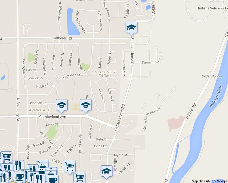 map of restaurants, bars, coffee shops, grocery stores, and more near 3051 Sullivan Street in West Lafayette