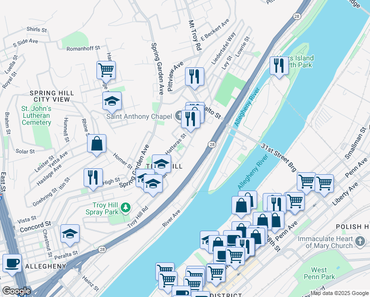 map of restaurants, bars, coffee shops, grocery stores, and more near 1612 Lowrie Street in Pittsburgh