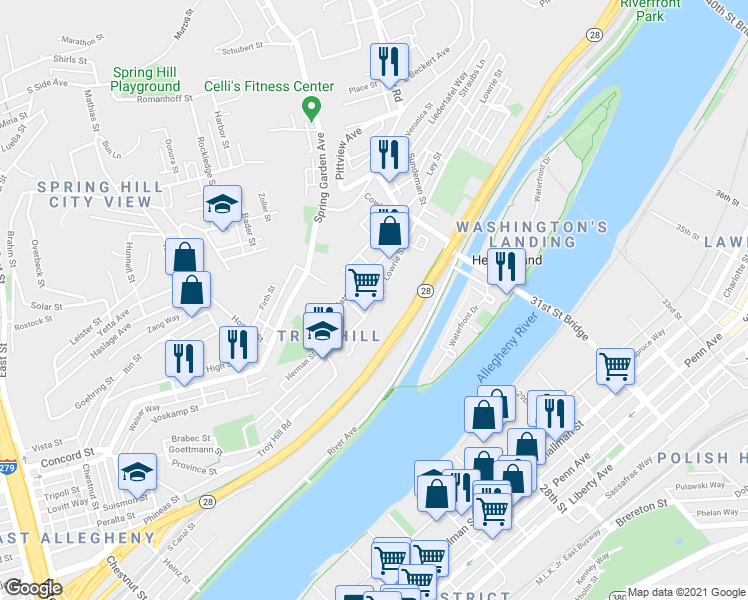 map of restaurants, bars, coffee shops, grocery stores, and more near Lowrie St & Claim St in Pittsburgh