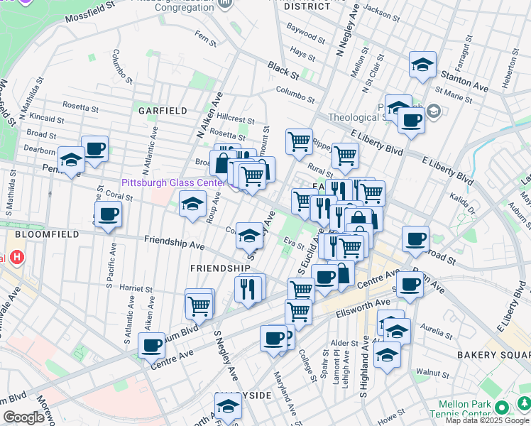 map of restaurants, bars, coffee shops, grocery stores, and more near 114 South Negley Avenue in Pittsburgh