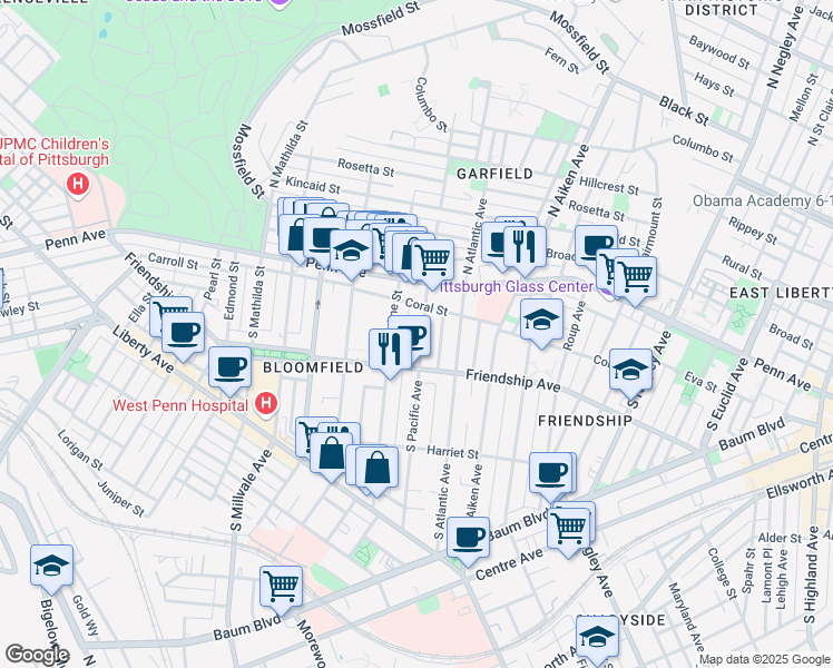 map of restaurants, bars, coffee shops, grocery stores, and more near 5147 Friendship Avenue in Pittsburgh