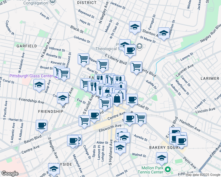 map of restaurants, bars, coffee shops, grocery stores, and more near 5910 Kirkwood Street in Pittsburgh